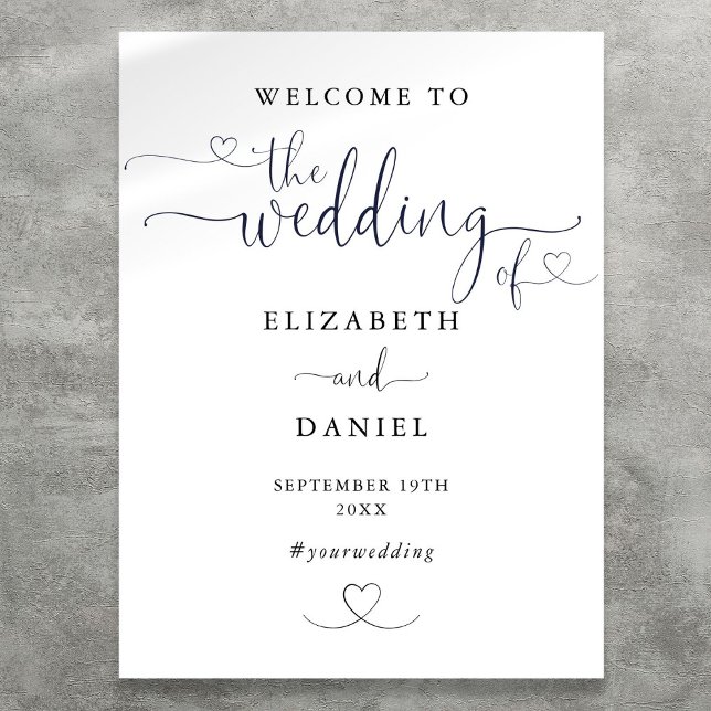 Välkomsttecken för Black and White Heart Script Br Poster (Black And White Heart Script Wedding Welcome Sign)