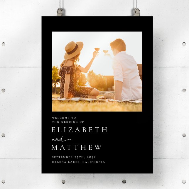 Välkomsttecken för Black Modern Script Photo Bröll Poster (Skapare uppladdad)