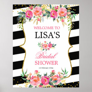 Välkomsttecken för Black White Stripe Rosa Blommig Poster