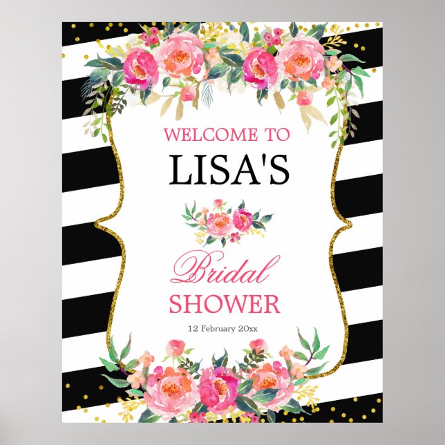 Välkomsttecken för Black White Stripe Rosa Blommig Poster (Framsidan)