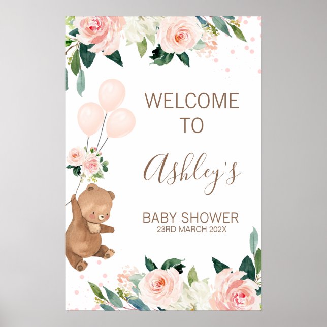 Välkomsttecken för  Blommigt Bear Balloon Baby Sho Poster (Framsidan)