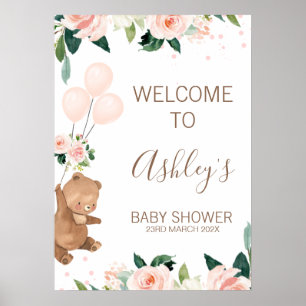 Välkomsttecken för Blommigt Bear Balloon Baby Sho Poster