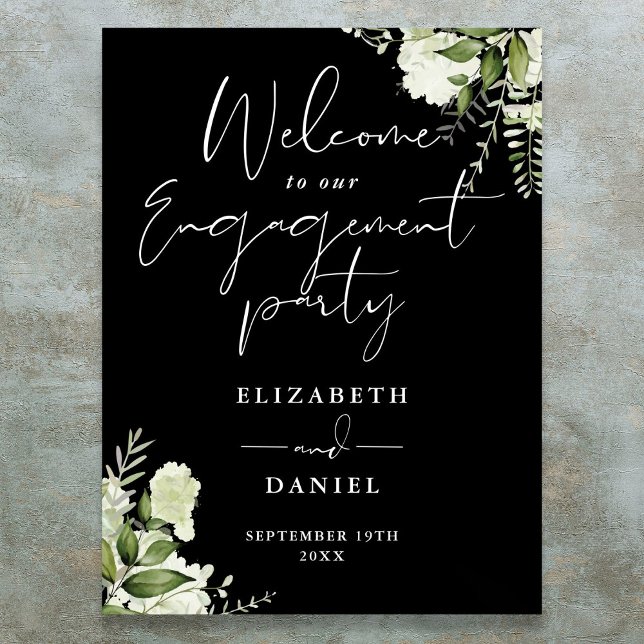 Välkomsttecken för blommigt Black White Förlovning Poster (Floral Black White Engagement Party Welcome Sign)