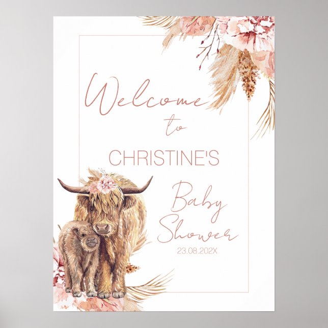 Välkomsttecken för blommigt Bohemian Cow Calf Baby Poster (Framsidan)