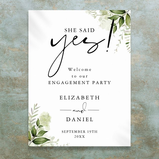 Välkomsttecken för blommigt Greenery Förlovningsfe Poster (Floral Greenery Engagement Party Welcome Sign)