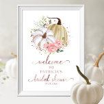 Välkomsttecken för blommigt Pumpkin Fall Möhippa Poster<br><div class="desc">Vackra vattenfärger i  rosa,  pumpa välkomsttecken för falltematisk möhippa. Enkel att anpassa med din information. Kontakta mig via chatta om du har frågor om teckningen eller behöver anpassa den. OBS! Kontakta Zazzle Customer Care direkt https://help.zazzle.com/hc/en-us/articles/221463567-How-Do-I-Contact-Zazzle-Customer-Support- om du behöver hjälp med beställningar,  frakt,  produktinformation osv.</div>