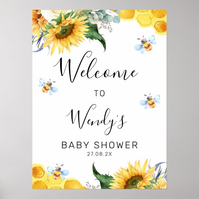 Välkomsttecken för blommigt SolrosBee Baby Shower Poster (Framsidan)