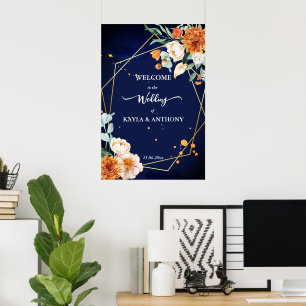 Välkomsttecken för blommor i marin blå orange poster