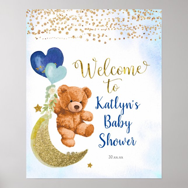 Välkomsttecken för Blue Balloon Nalle Baby Shower Poster (Framsidan)