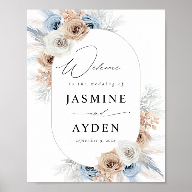 Välkomsttecken för Blue & Beige Boho Blommigt Poster (Framsidan)