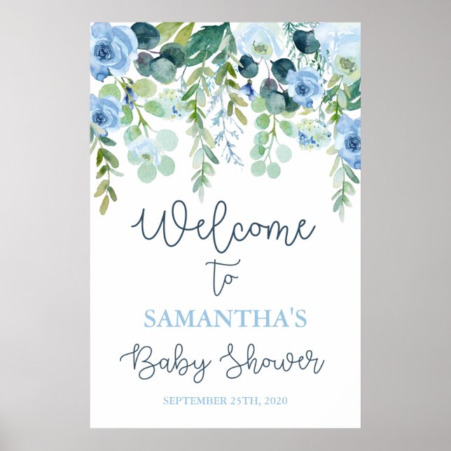 Välkomsttecken för Blue blommigt Baby Shower Boy Poster (Framsidan)