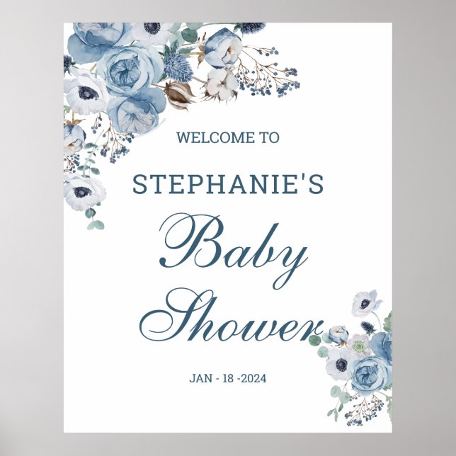 Välkomsttecken för Blue Blommigts Baby Shower Post Poster (Framsidan)