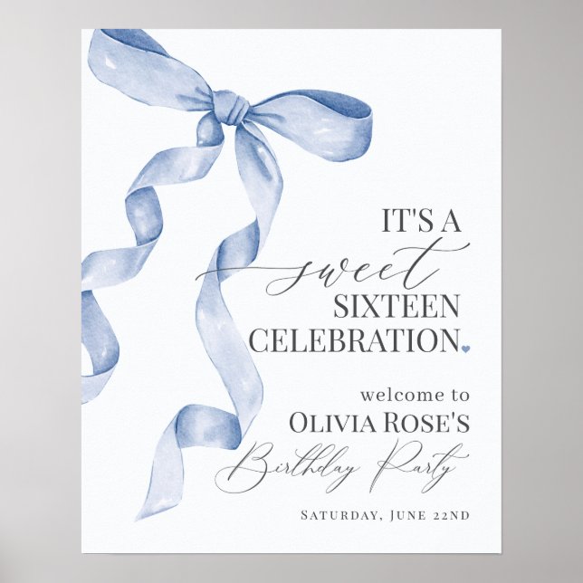 Välkomsttecken för Blue Bow Sweet sixteen Födelsed Poster (Framsidan)