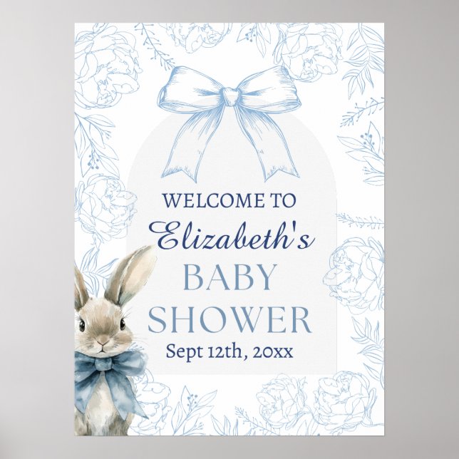 Välkomsttecken för Blue Bunny Blommigt Baby Shower Poster (Framsidan)