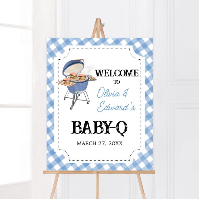 Välkomsttecken för Blue Burger BBQ Baby Shower Väl Poster (Boy Backyard BBQ Baby Shower Welcome Sign)