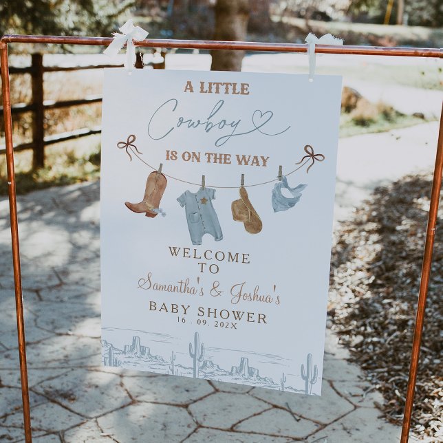 Välkomsttecken för Blue Clothesline Cowboy Baby Sh Fototryck (Cowboy Baby Shower Welcome Sign, Little Cowboy Baby Shower Welcome Sign Clothesline Western Desert)