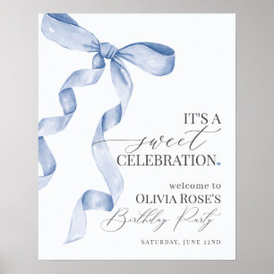 Välkomsttecken för Blue Coquette Bow Girl Födelsed Poster