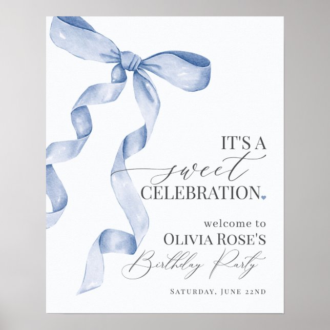 Välkomsttecken för Blue Coquette Bow Girl Födelsed Poster (Framsidan)