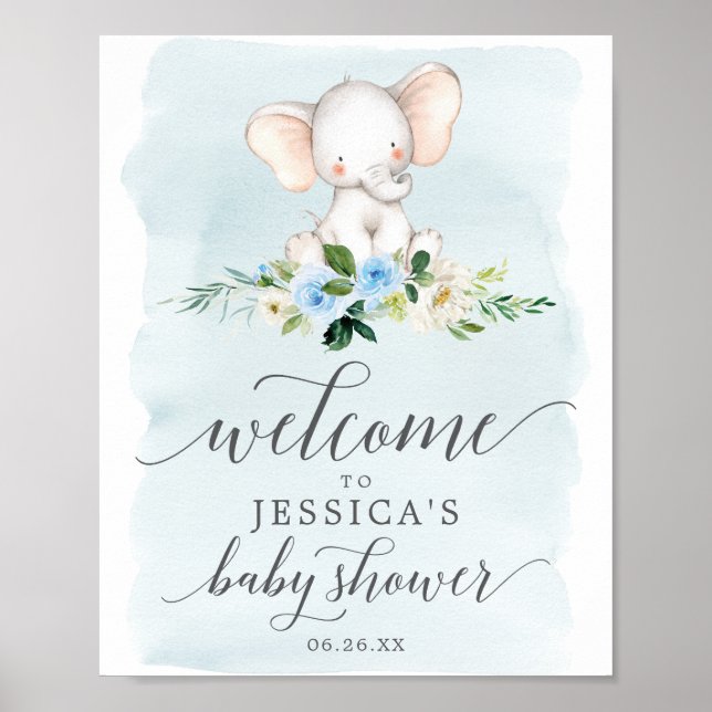 Välkomsttecken för Blue Elephant Baby Shower Poster (Framsidan)