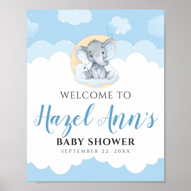 Välkomsttecken för Blue Elephant Baby Shower Poster (Framsidan)