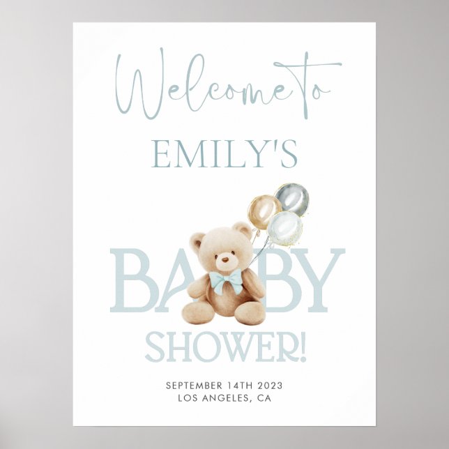Välkomsttecken för Blue Nalle Baby Shower Poster (Framsidan)