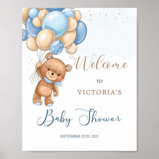 Välkomsttecken för Blue Nalle Baby Shower Poster (Framsidan)