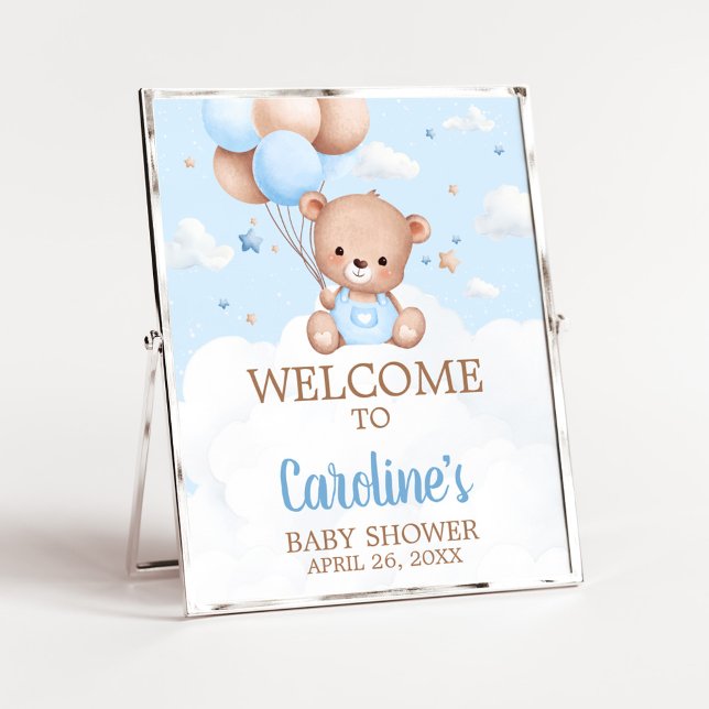 Välkomsttecken för Blue Nalle Baby Shower Poster (Blue Boy Teddy Bear Clouds Balloon Baby Shower Sign)