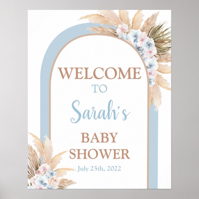 Välkomsttecken för Blue Pampas Grass Baby Shower B Poster (Framsidan)
