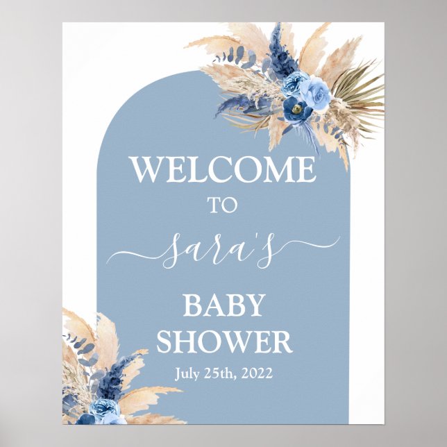 Välkomsttecken för Blue Pampas Grass Baby Shower B Poster (Framsidan)