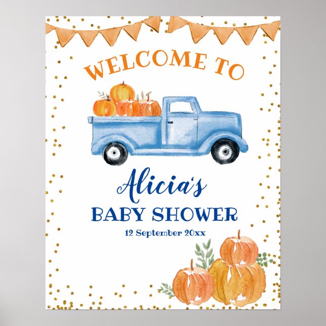 Välkomsttecken för Blue pumpkin lastbil Baby Showe Poster (Framsidan)