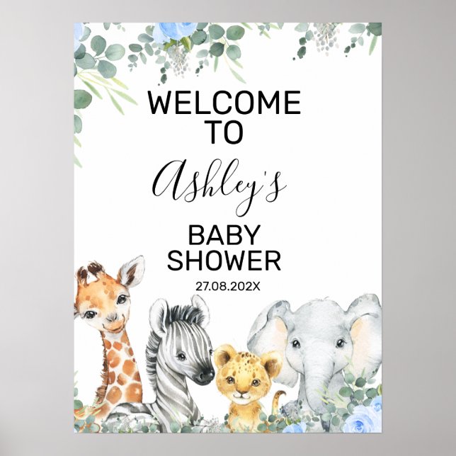 Välkomsttecken för Blue Safari Blommigt Baby Showe Poster (Framsidan)