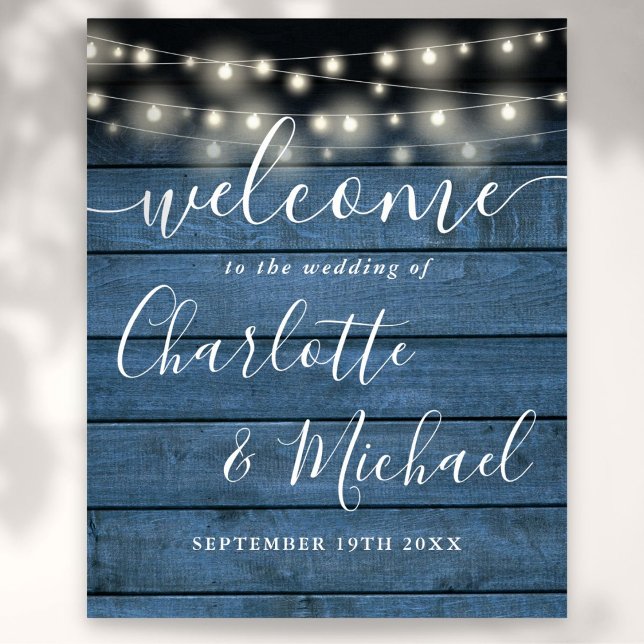 Välkomsttecken för Blue String Ljus Rustic Bröllop Poster (Blue String Lights Rustic Wedding Welcome Sign)