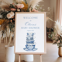 Välkomsttecken för Blue Tea Party Baby Shower Välk Poster