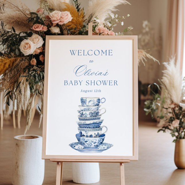 Välkomsttecken för Blue Tea Party Baby Shower Välk Poster (Skapare uppladdad)