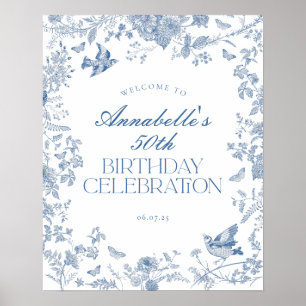 Välkomsttecken för Blue Toile Jouy Blommigt Födels Poster