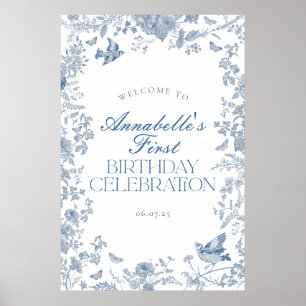 Välkomsttecken för Blue Toile Jouy Blommigt Födels Poster