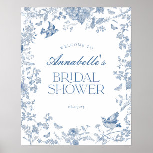 Välkomsttecken för Blue Toile Jouy Blommigt Möhipp Poster