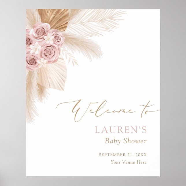 Välkomsttecken för Boho Pampas Grass Girl Baby Sho Poster (Framsidan)