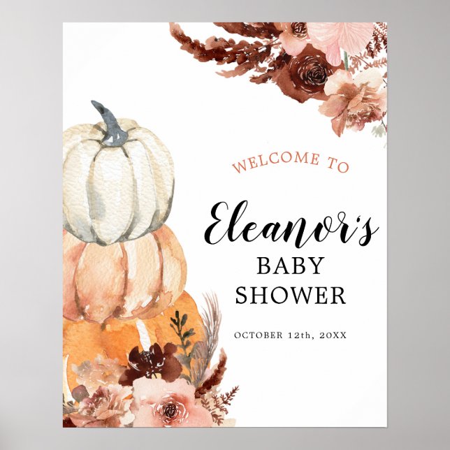 Välkomsttecken för Boho Rustic Pumpkin Baby Shower Poster (Framsidan)
