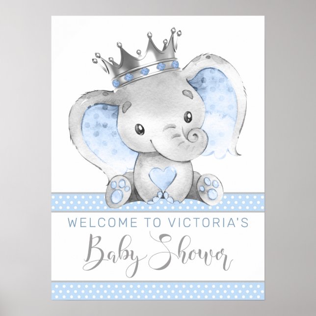Välkomsttecken för Boy Elephant Prince Baby Shower Poster (Framsidan)