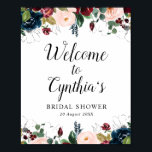 välkomsttecken för burgundisk och marin blommigt-m poster<br><div class="desc">vackra burgundi- och marinblå vattenfärgblommor. Du kan redigera texten och färgen på det här poster.</div>