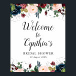 välkomsttecken för burgundisk och marin blommigt-m poster<br><div class="desc">vackra burgundi- och marinblå vattenfärgblommor. Du kan redigera texten och färgen på det här poster.</div>