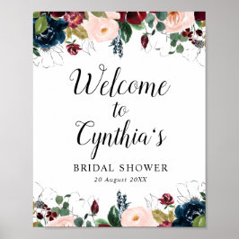 välkomsttecken för burgundisk och marin blommigt-m poster