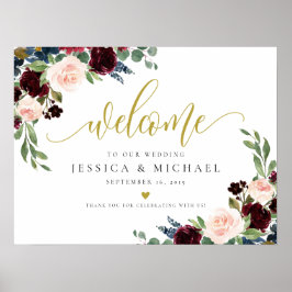 Välkomsttecken för Burgundy Blommigt calligraphy B Poster