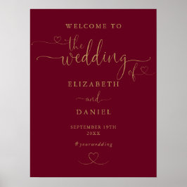 Välkomsttecken för Burgundy Guld Heart-skript Bröl Poster