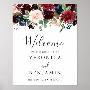 Välkomsttecken för Burgundy Navy Blommigt Poster