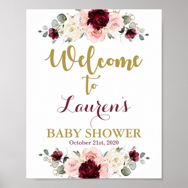 Välkomsttecken för Burgundy och Rosa Baby Shower Poster (Framsidan)