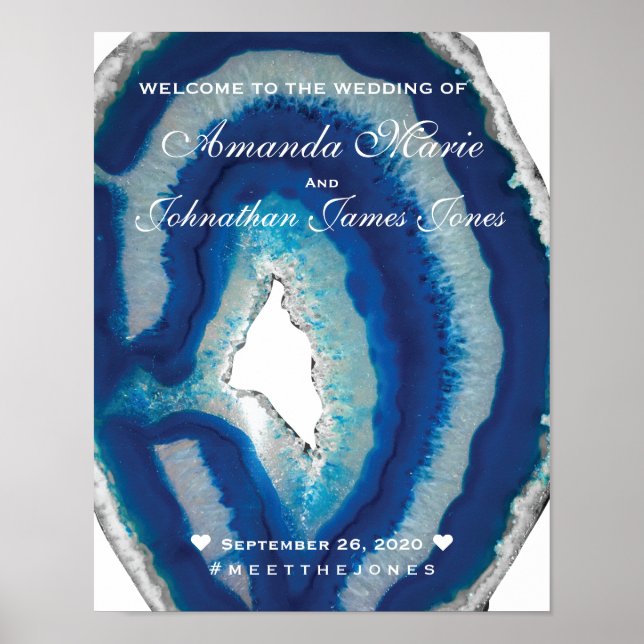Välkomsttecken för chic Script Blue Agate Bröllop Poster (Framsidan)