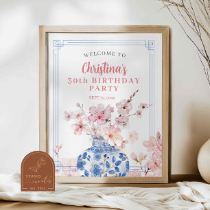 Välkomsttecken för Chinoiserie Rosa Cherry Blommar Poster