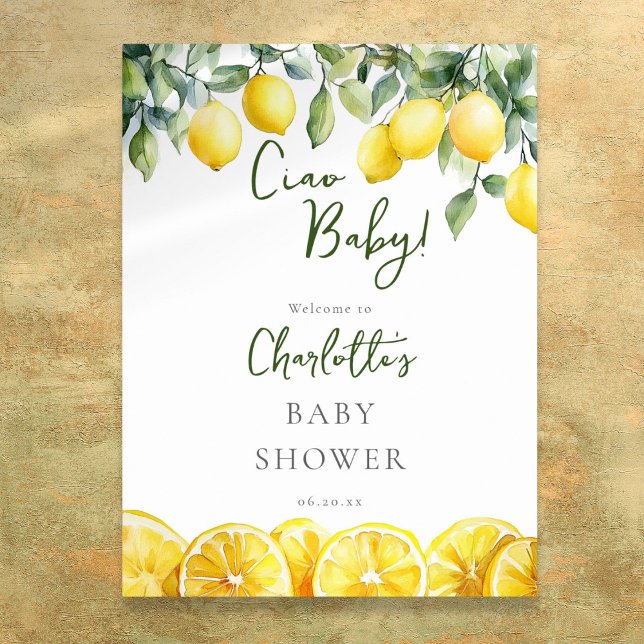 Välkomsttecken för Citrus Baby Shower Ciao Baby Le Poster (Ciao Baby Lemon Citrus Baby Shower Welcome Sign)
